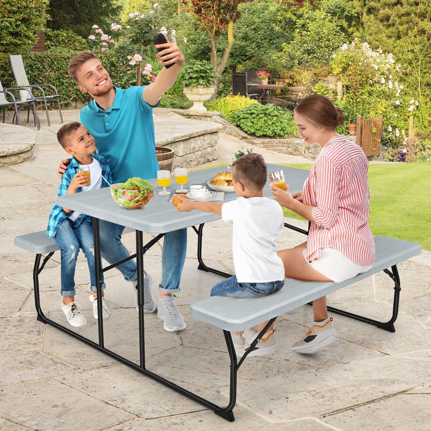 Scratch & Dent Special, Indoor and Outdoor Folding Picnic Table Bench Set with Wood-like Texture-Gray, fully assembled