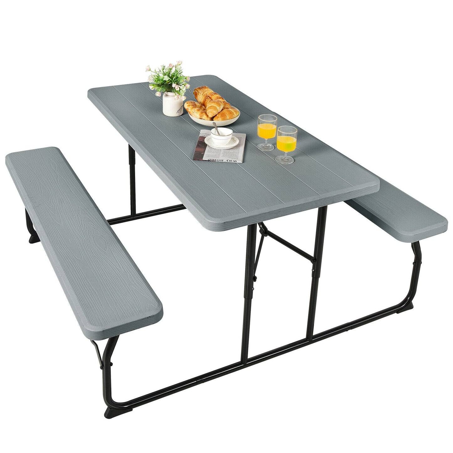Scratch & Dent Special, Indoor and Outdoor Folding Picnic Table Bench Set with Wood-like Texture-Gray, fully assembled