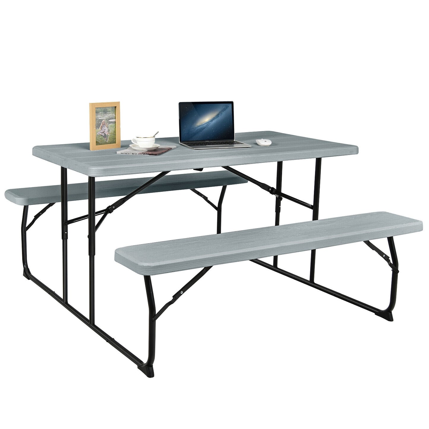 Scratch & Dent Special, Indoor and Outdoor Folding Picnic Table Bench Set with Wood-like Texture-Gray, fully assembled