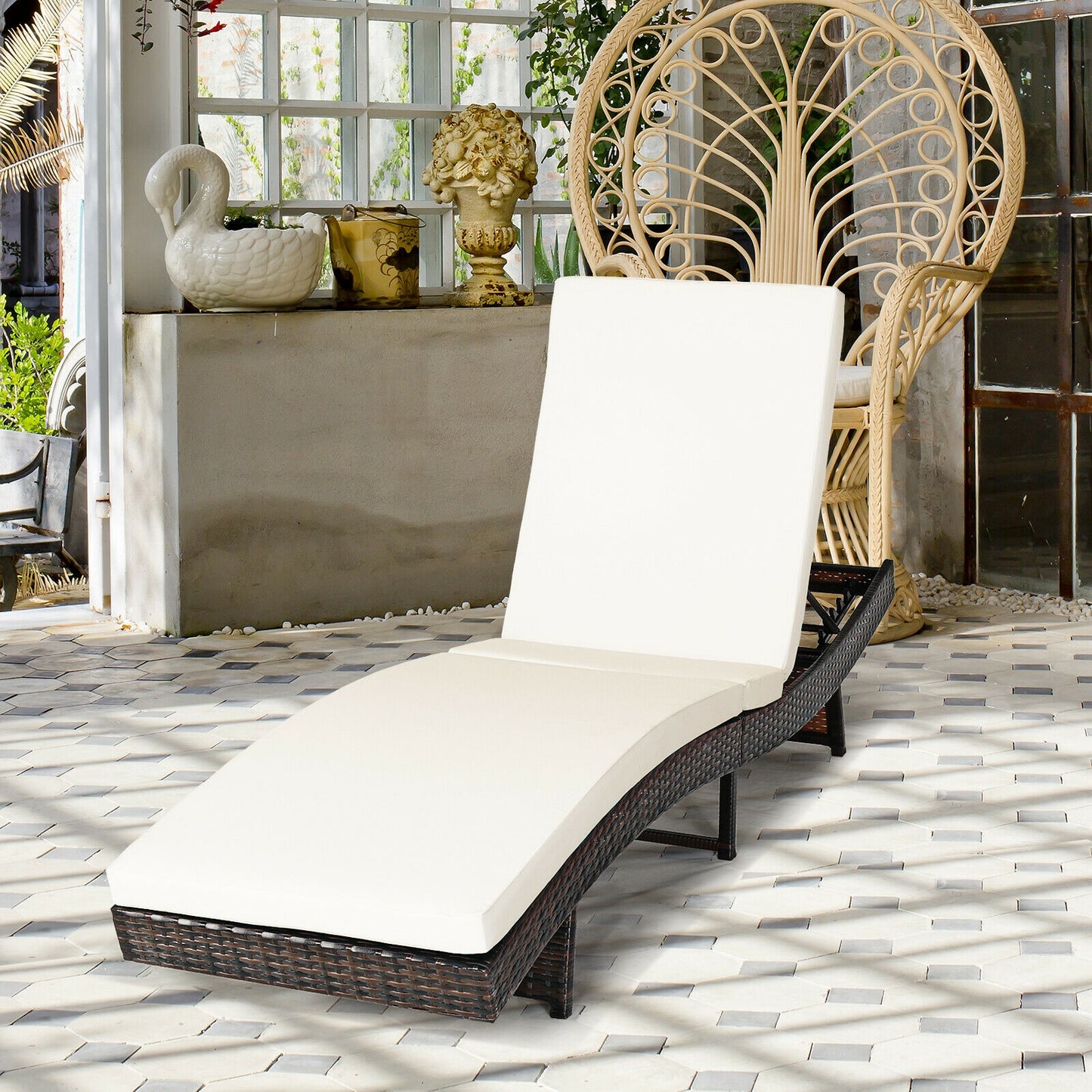 Patio Folding Chaise Lounge with 5 Adjustable Levels and Cushion-White (1 Box - Unassembled)