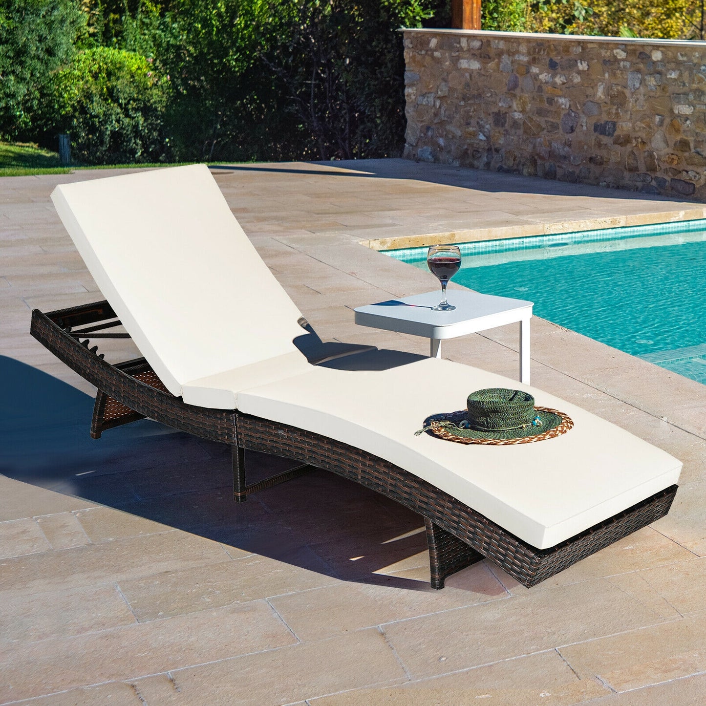 Patio Folding Chaise Lounge with 5 Adjustable Levels and Cushion-White (1 Box - Unassembled)