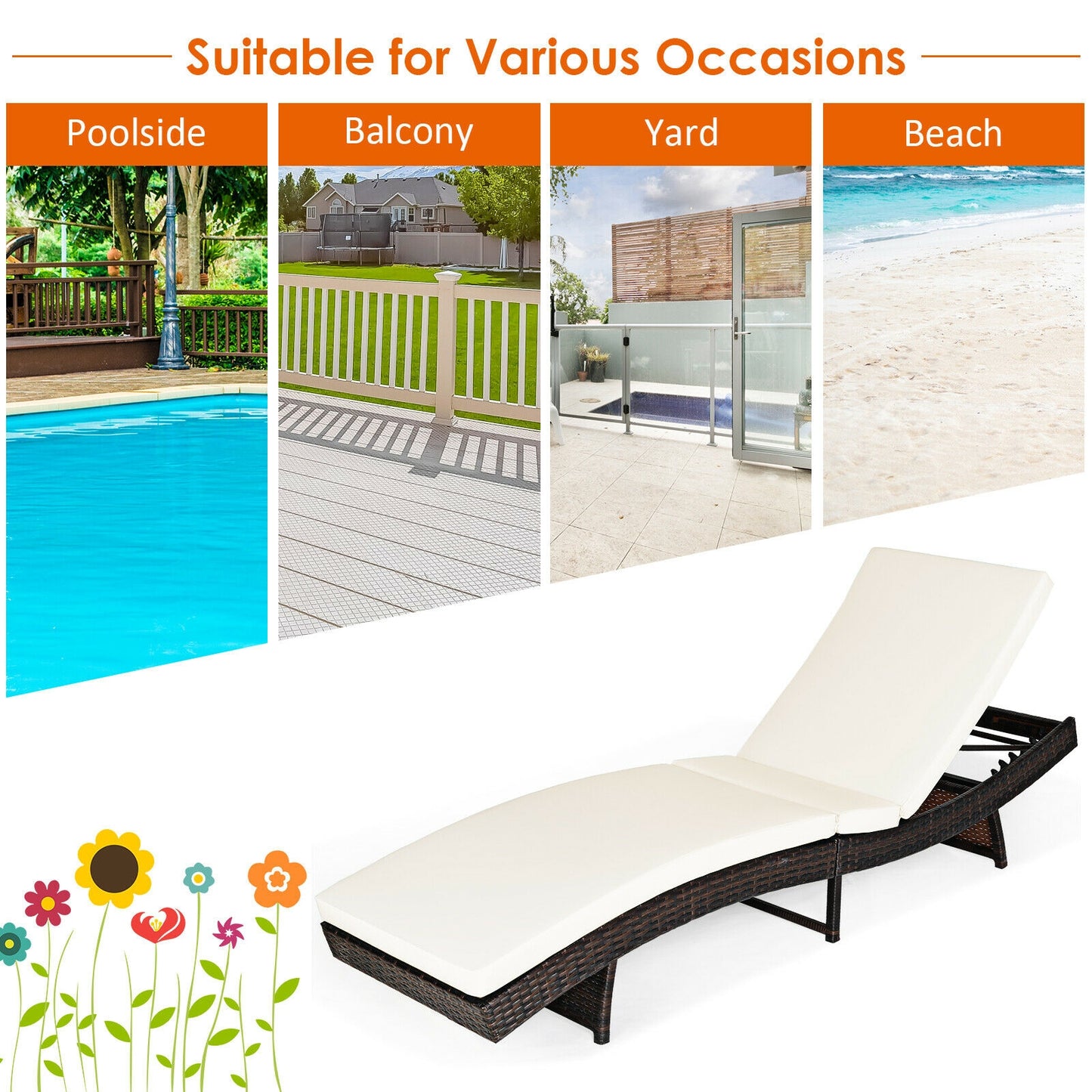 Patio Folding Chaise Lounge with 5 Adjustable Levels and Cushion-White (1 Box - Unassembled)