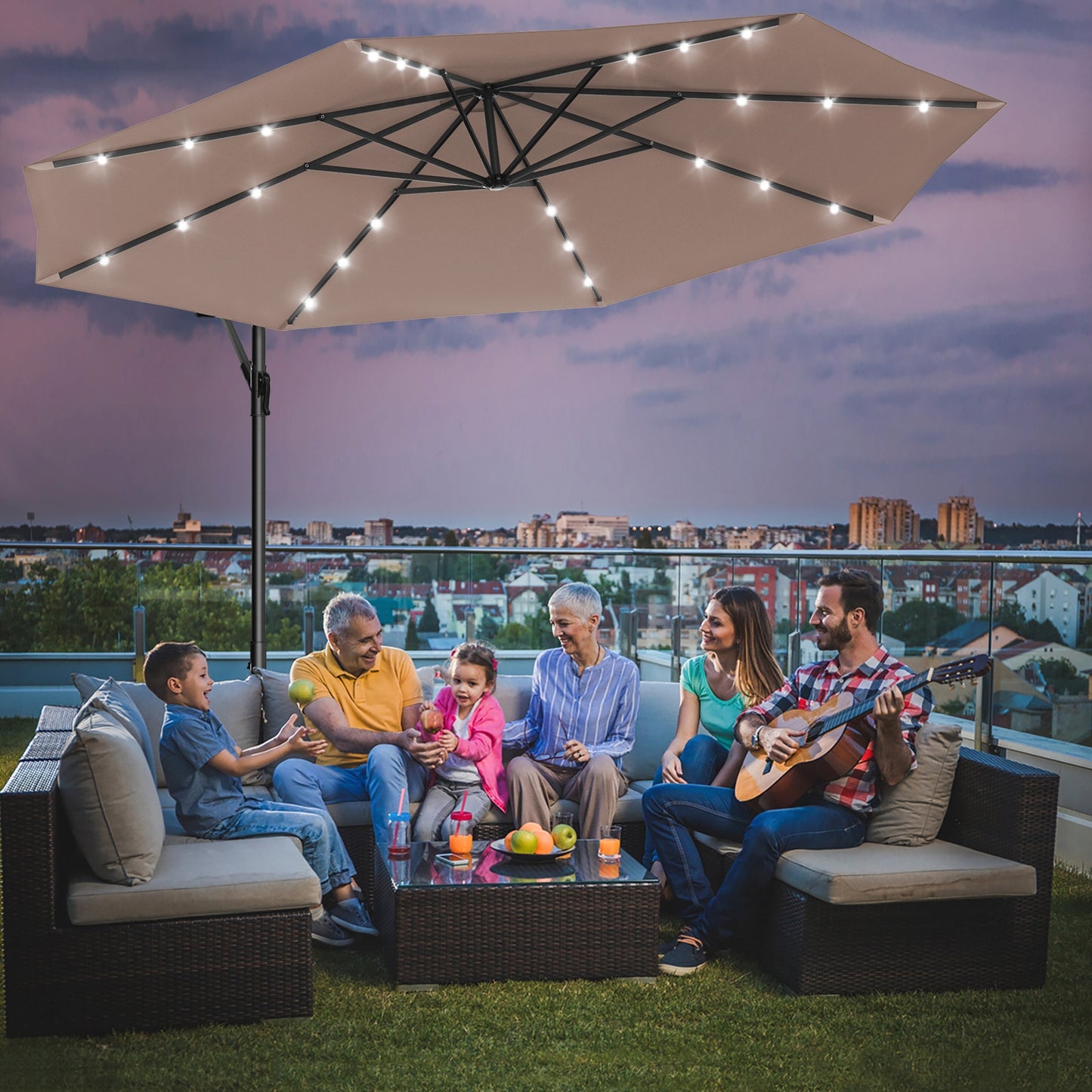 10 Feet Patio Hanging Solar LED Umbrella with sand bag, fully assembled, grey
