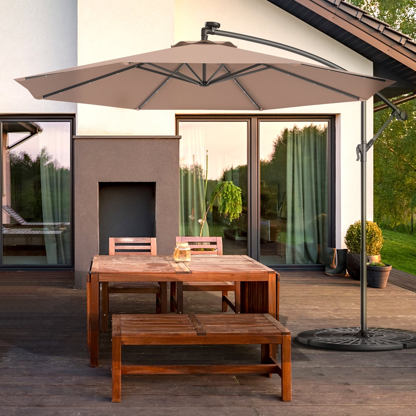 10 Feet Patio Hanging Solar LED Umbrella with sand bag, fully assembled, grey