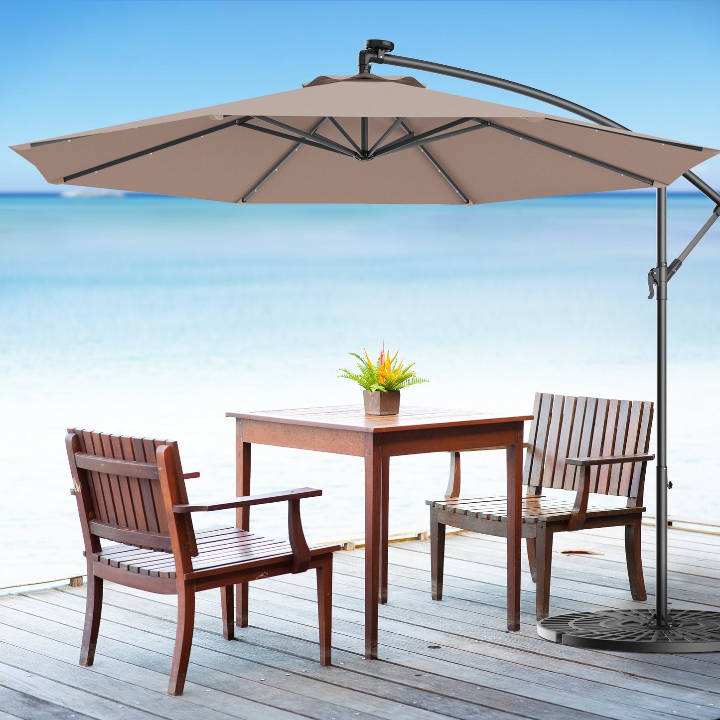 10 Feet Patio Hanging Solar LED Umbrella with sand bag, fully assembled, grey