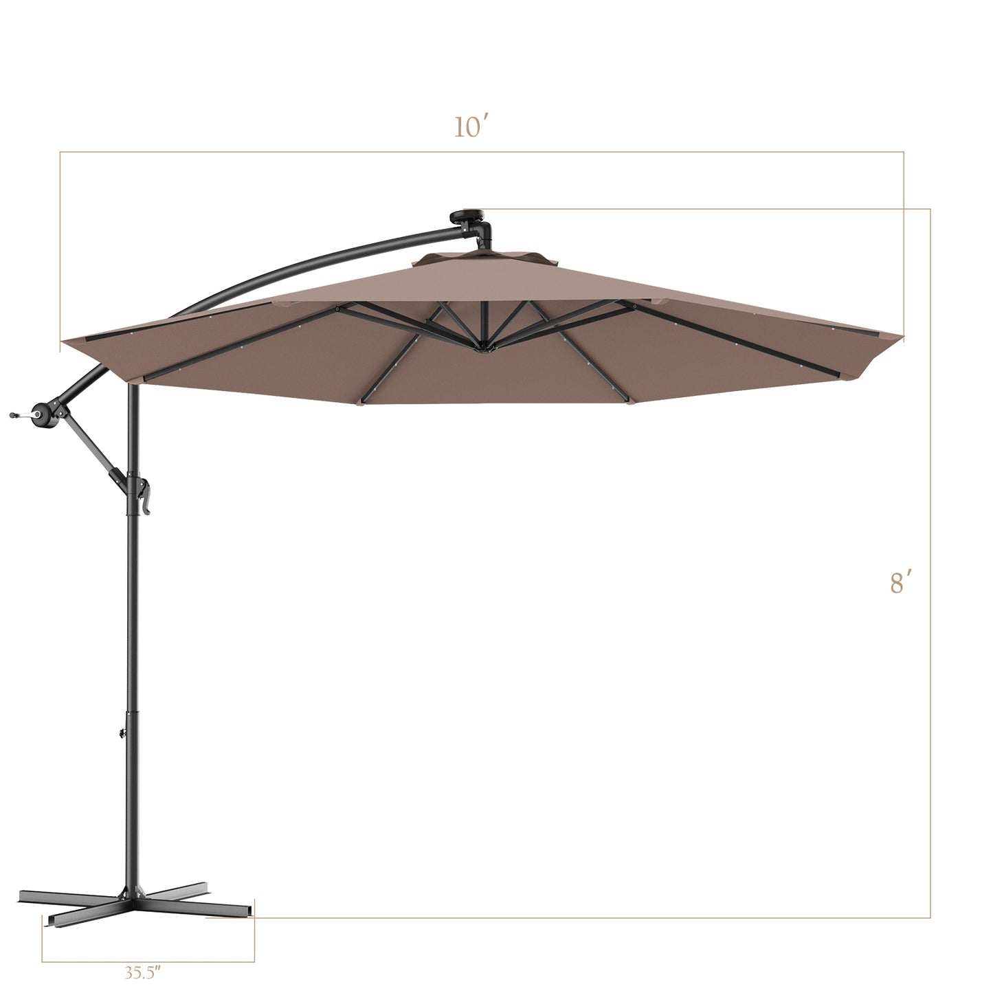 10 Feet Patio Hanging Solar LED Umbrella with sand bag, fully assembled, grey