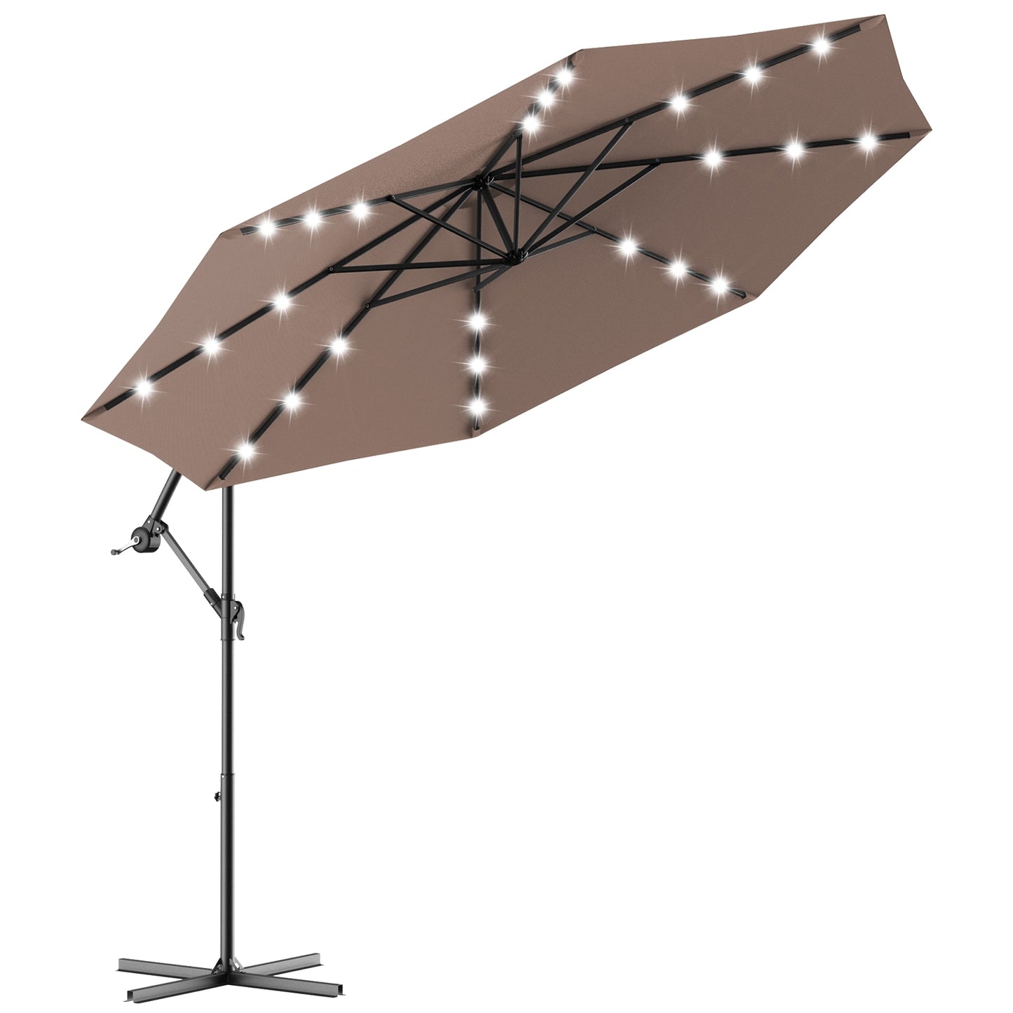 10 Feet Patio Hanging Solar LED Umbrella with sand bag, fully assembled, grey
