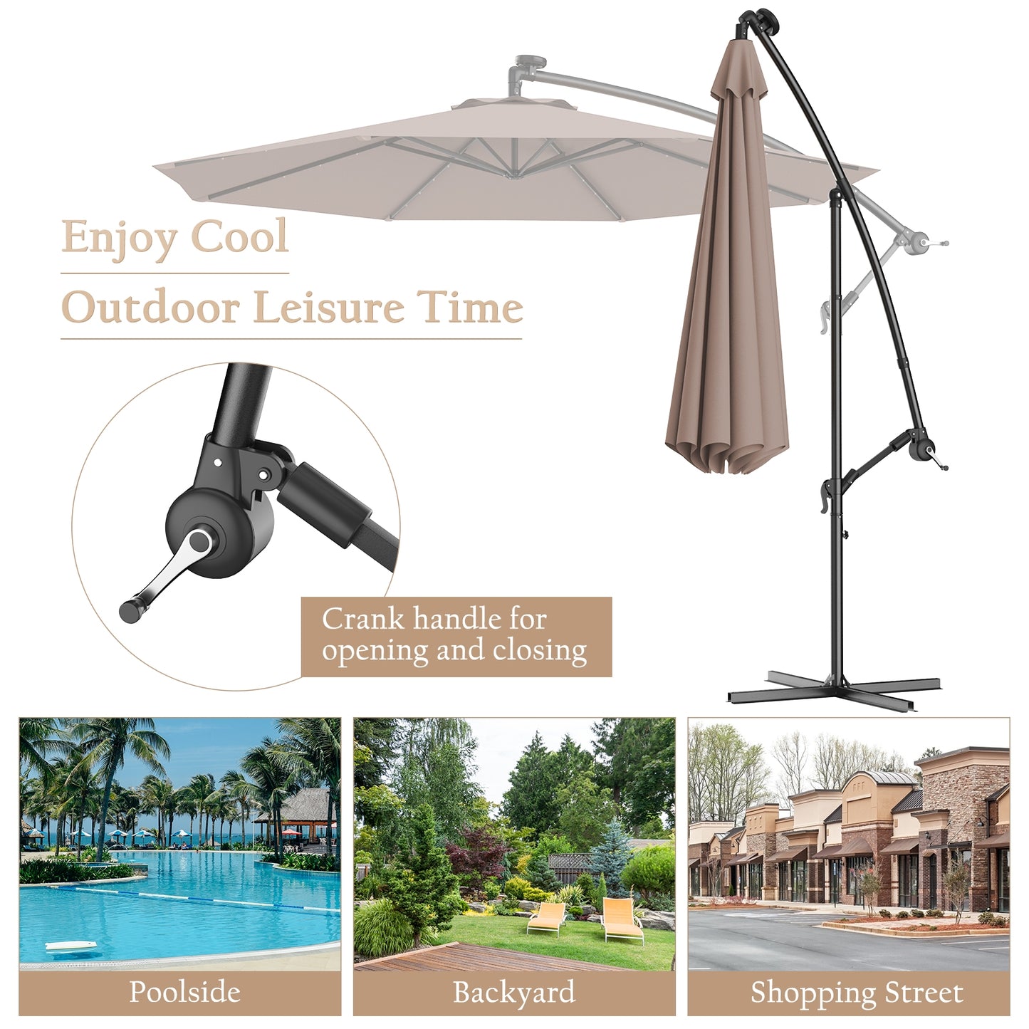 10 Feet Patio Hanging Solar LED Umbrella with sand bag, fully assembled, grey