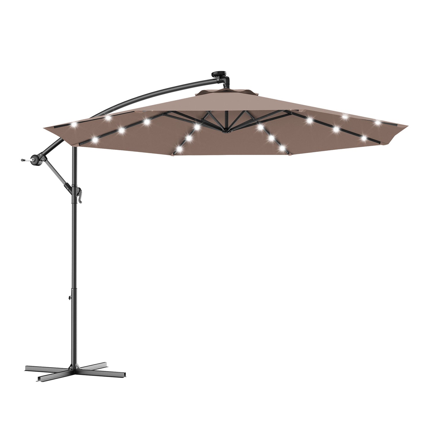 10 Feet Patio Hanging Solar LED Umbrella with sand bag, fully assembled, grey