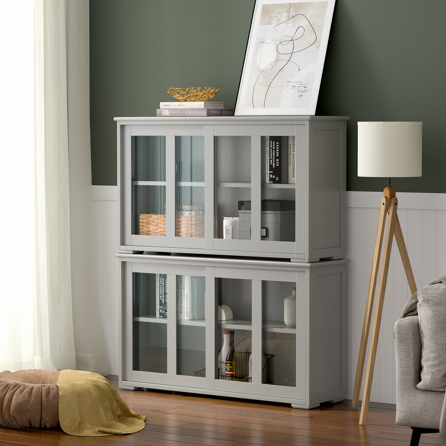 Sideboard Buffet Cupboard Storage Cabinet with Sliding Door-Gray, Fully Assembled, Scratch & Dent