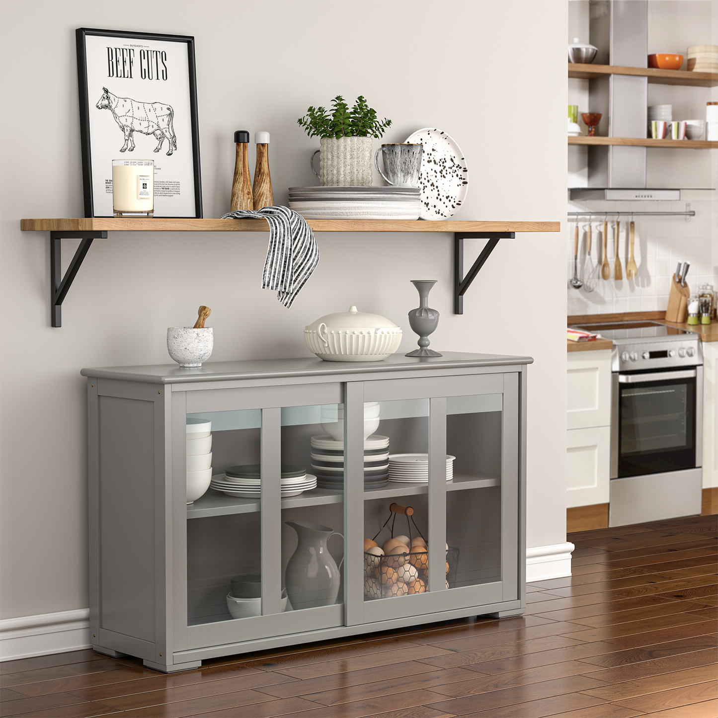 Sideboard Buffet Cupboard Storage Cabinet with Sliding Door-Gray, Fully Assembled, Scratch & Dent