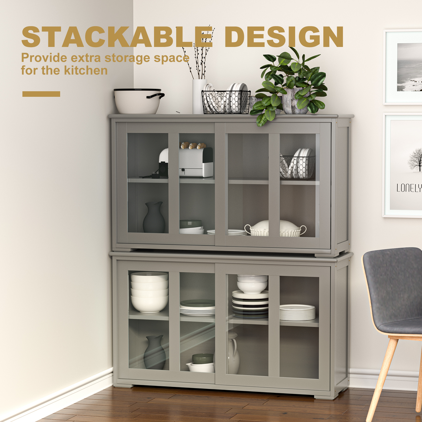 Sideboard Buffet Cupboard Storage Cabinet with Sliding Door-Gray, Fully Assembled, Scratch & Dent
