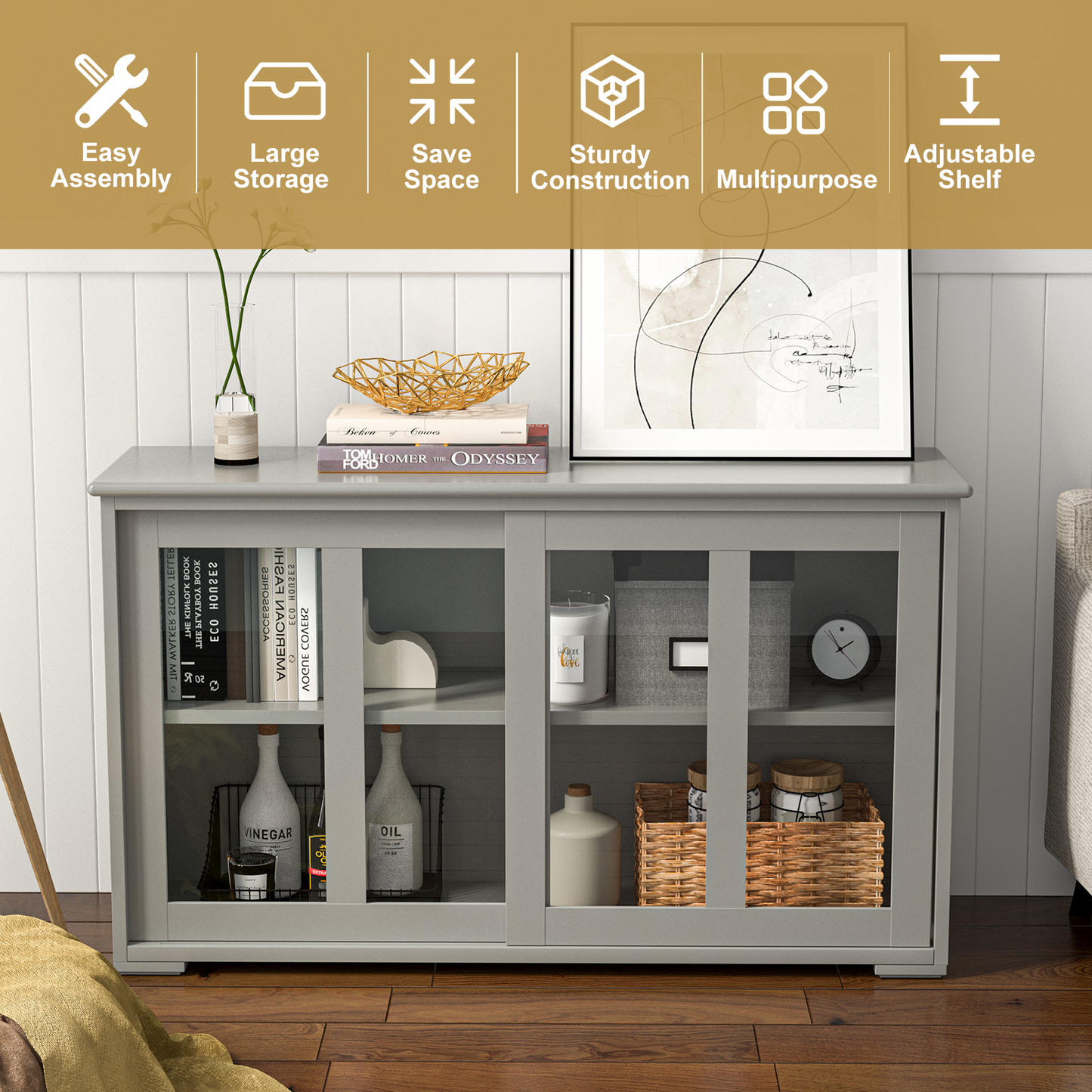 Sideboard Buffet Cupboard Storage Cabinet with Sliding Door-Gray, Fully Assembled, Scratch & Dent