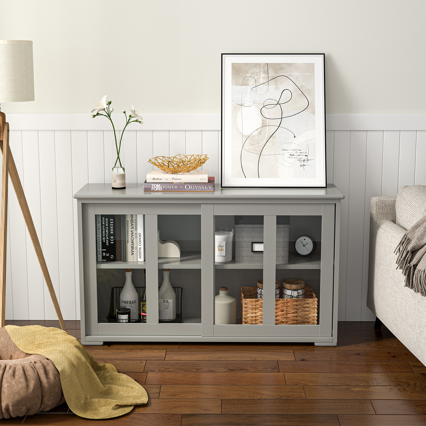 Sideboard Buffet Cupboard Storage Cabinet with Sliding Door-Gray, Fully Assembled, Scratch & Dent