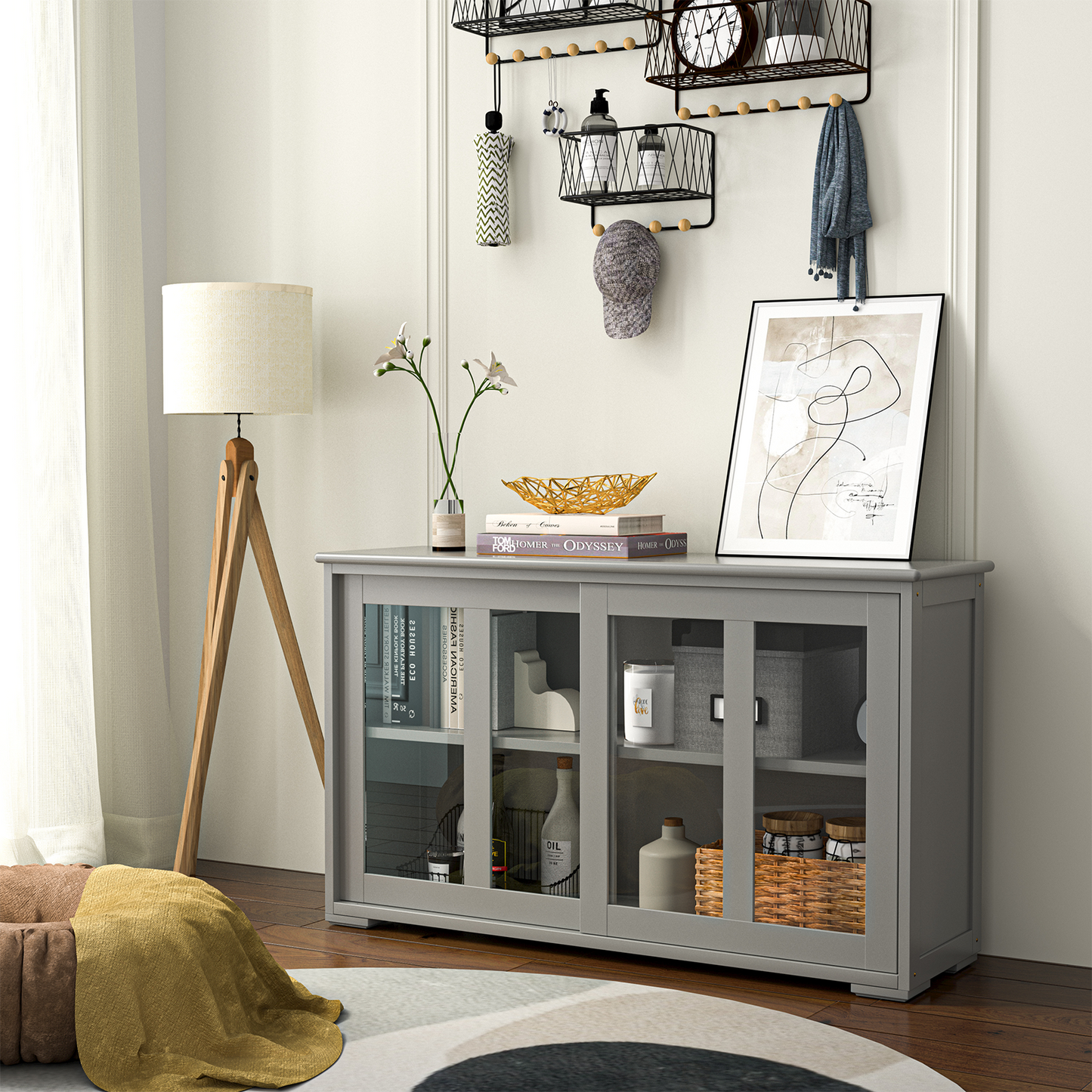 Sideboard Buffet Cupboard Storage Cabinet with Sliding Door-Gray, Fully Assembled, Scratch & Dent