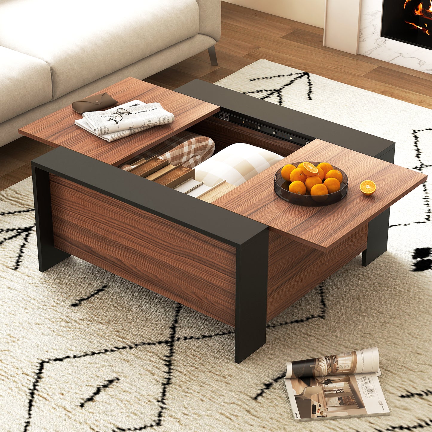 36.5 Inch Coffee Table with Sliding Top and Hidden Compartment-Rustic Brown - Fully Assembled