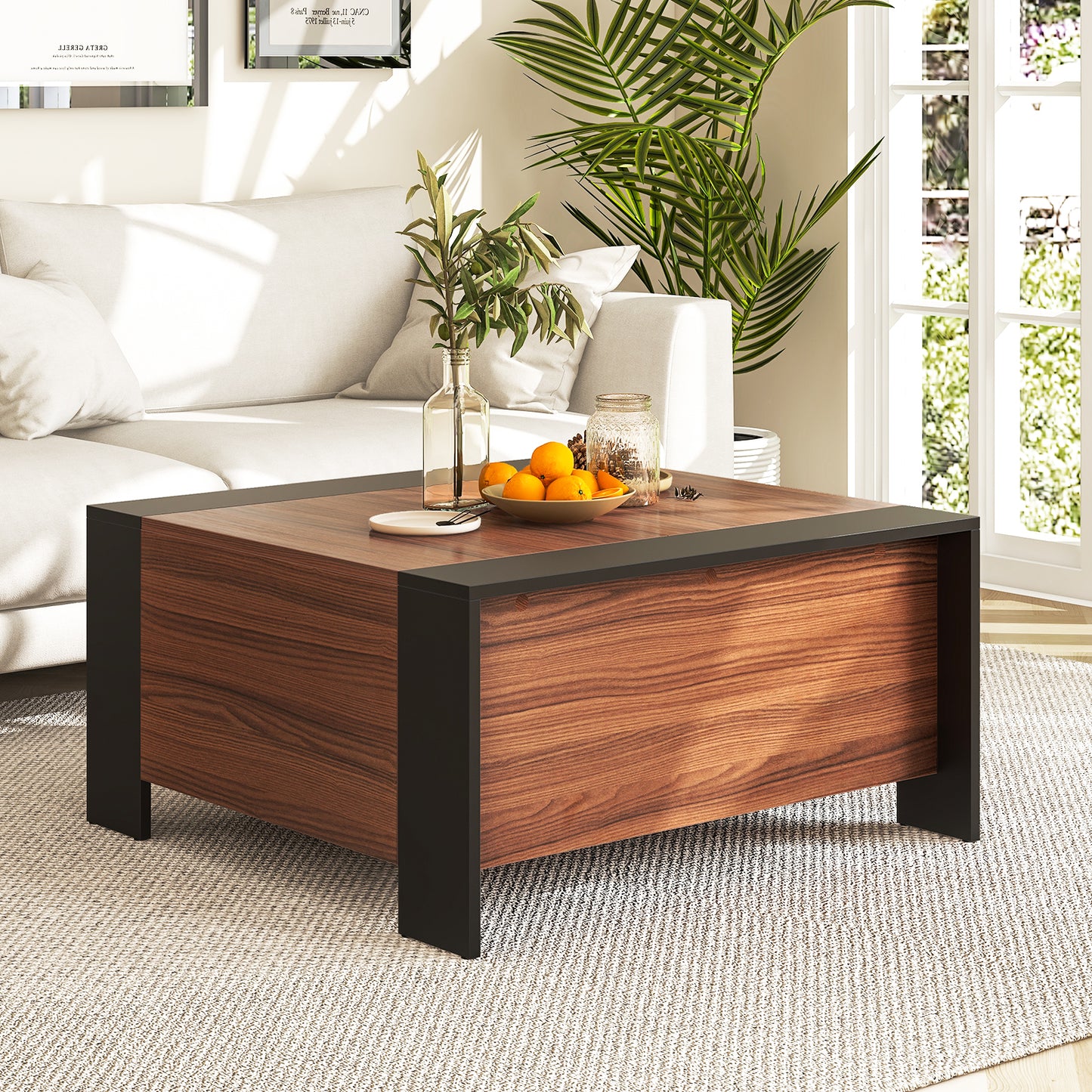 36.5 Inch Coffee Table with Sliding Top and Hidden Compartment-Rustic Brown - Fully Assembled