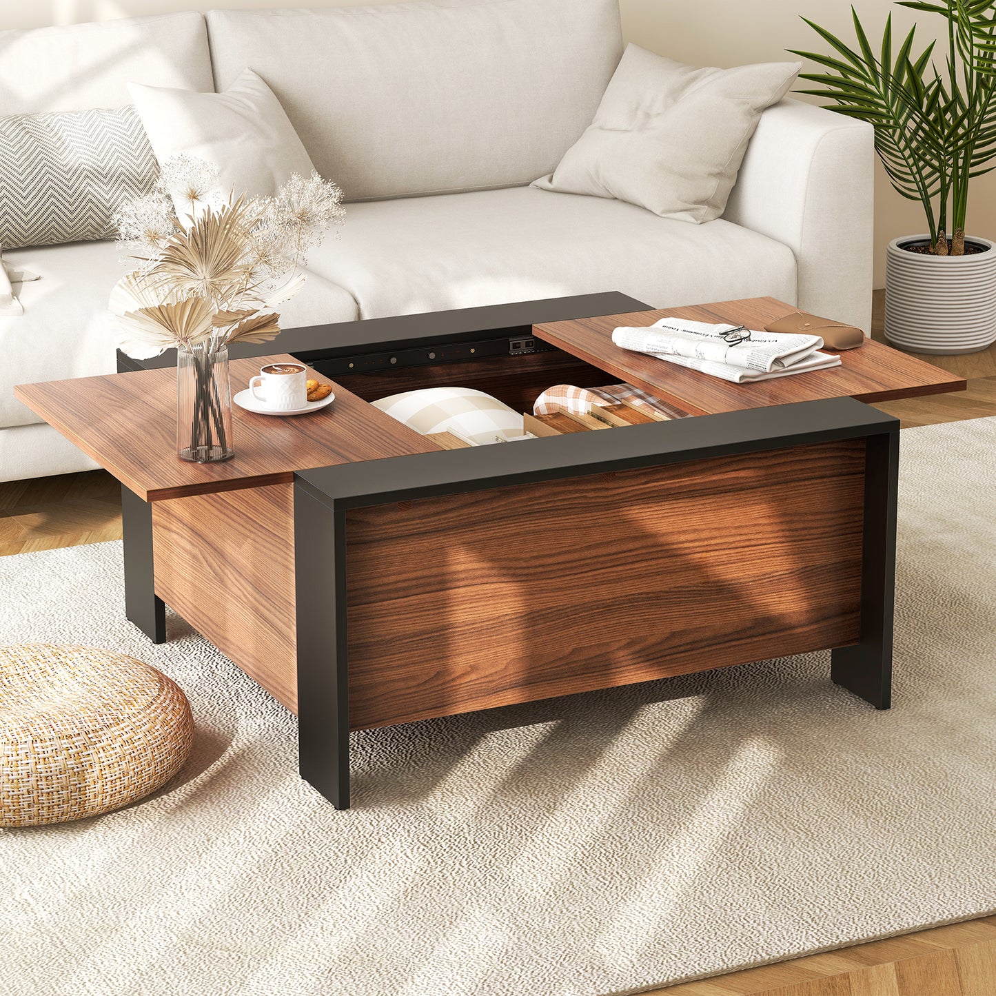 36.5 Inch Coffee Table with Sliding Top and Hidden Compartment-Rustic Brown - Fully Assembled