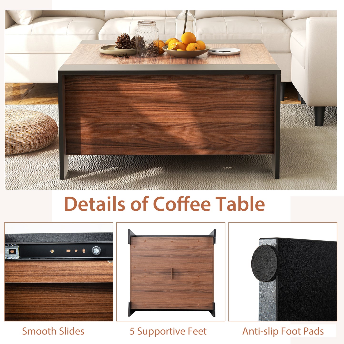 36.5 Inch Coffee Table with Sliding Top and Hidden Compartment-Rustic Brown - Fully Assembled
