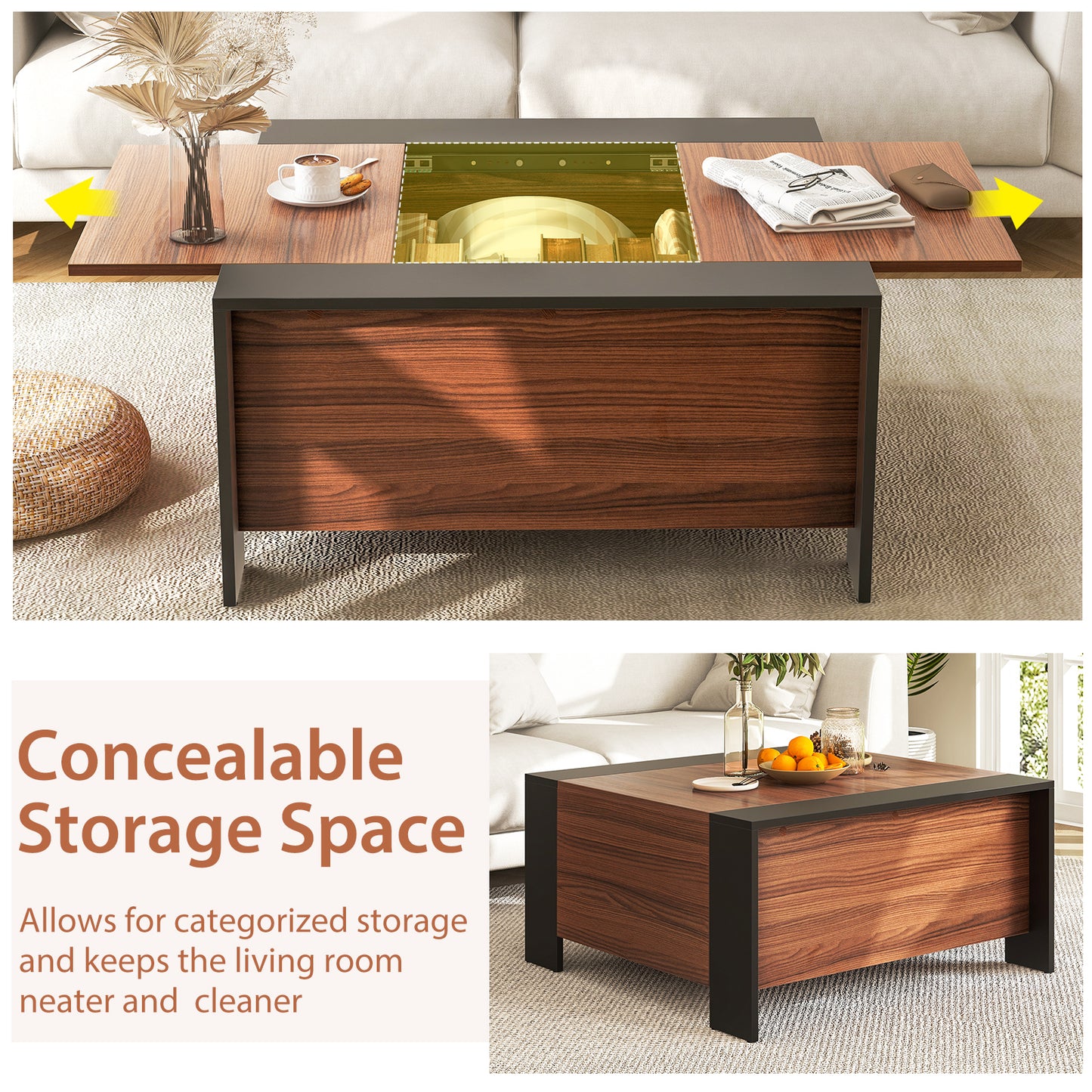 36.5 Inch Coffee Table with Sliding Top and Hidden Compartment-Rustic Brown - Fully Assembled