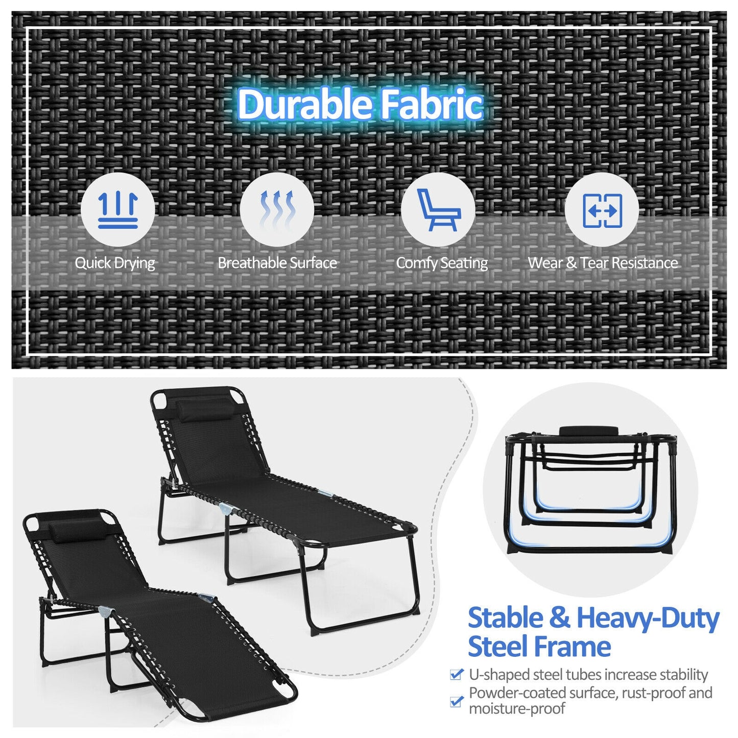 Foldable Recline Lounge Chair with Adjustable Backrest and Footrest-Black (Copy)