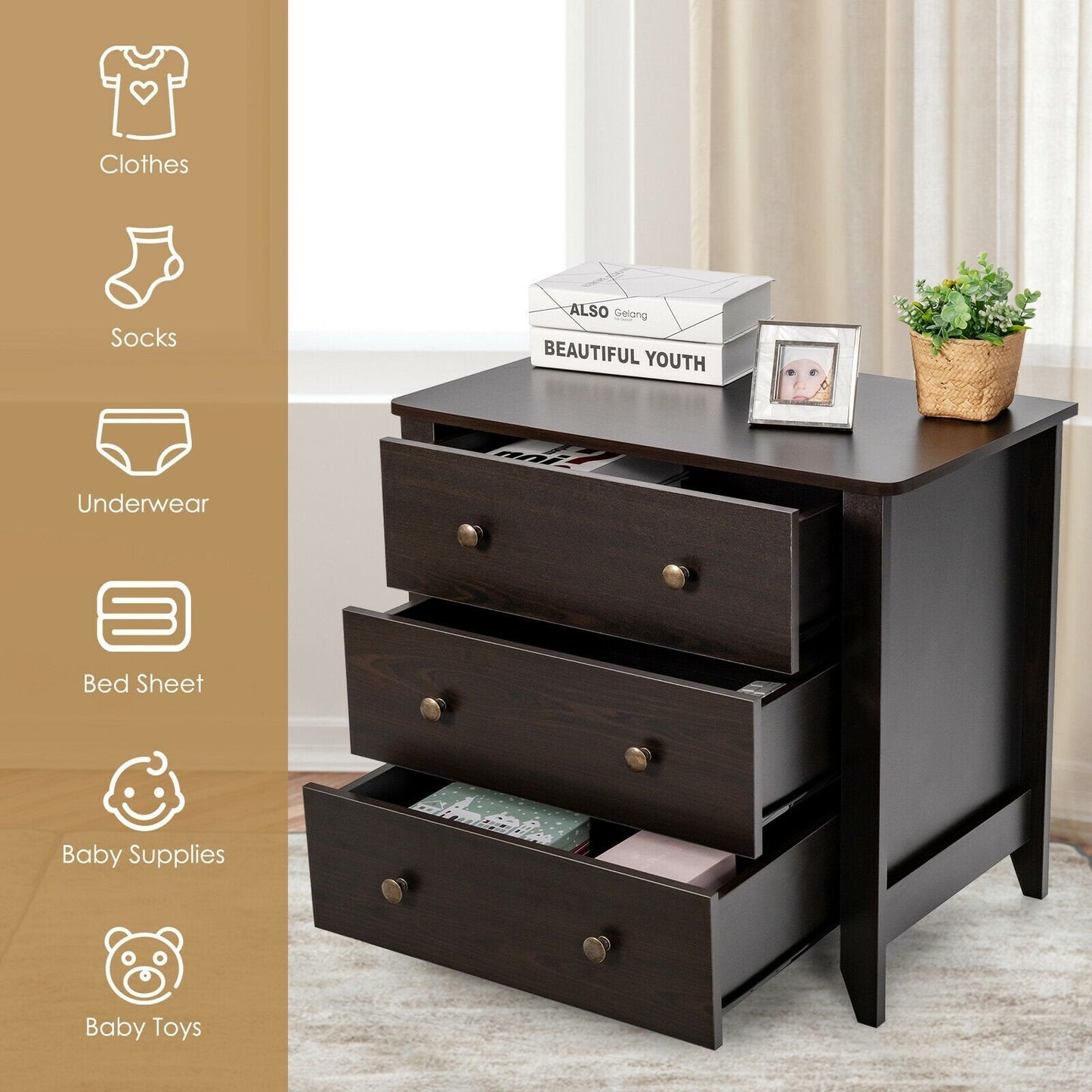 3 Drawer Dresser Chest of Drawers Bedside Table-Black (SCRATCH AND DENT)(Fully Assembled)