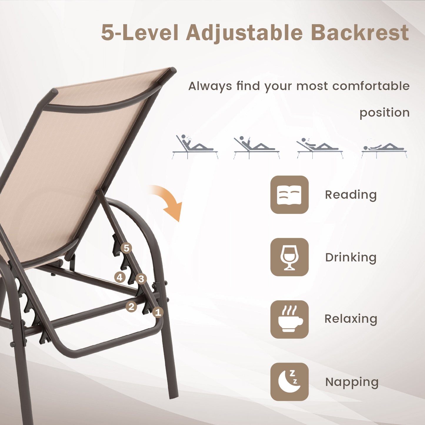 Adjustable Patio Chaise Outdoor Folding Lounge Chair with Adjustable Backrest-Brown