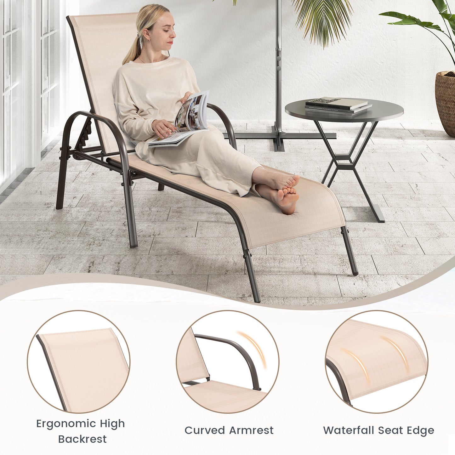 Adjustable Patio Chaise Outdoor Folding Lounge Chair with Adjustable Backrest-Brown