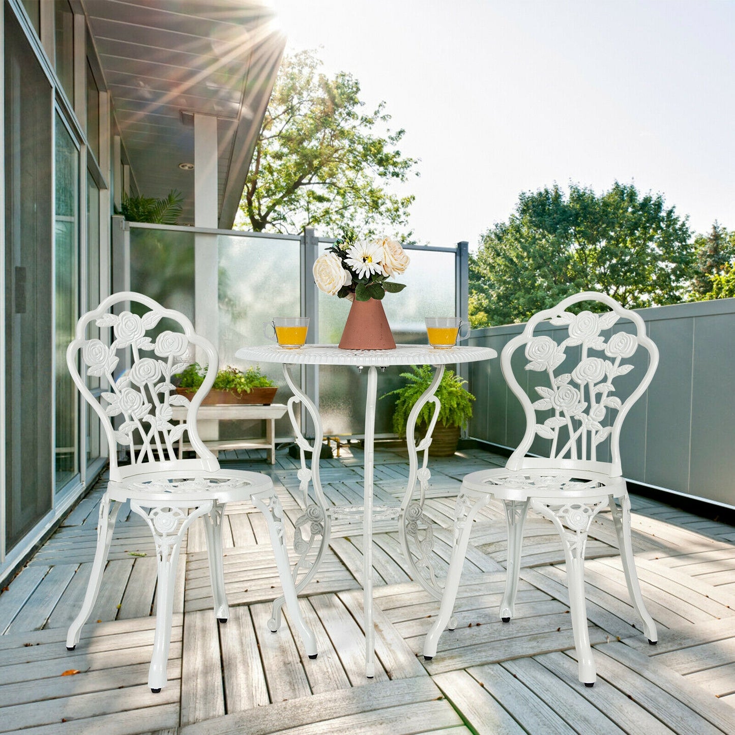Outdoor Cast Aluminum Patio Furniture Set with Rose Design-White (Fully Assembled)