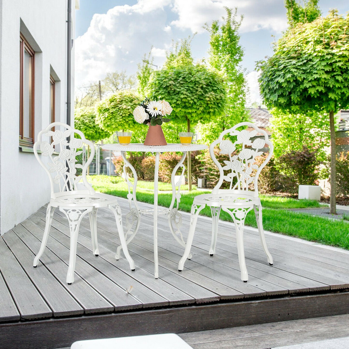 Outdoor Cast Aluminum Patio Furniture Set with Rose Design-White (Fully Assembled)
