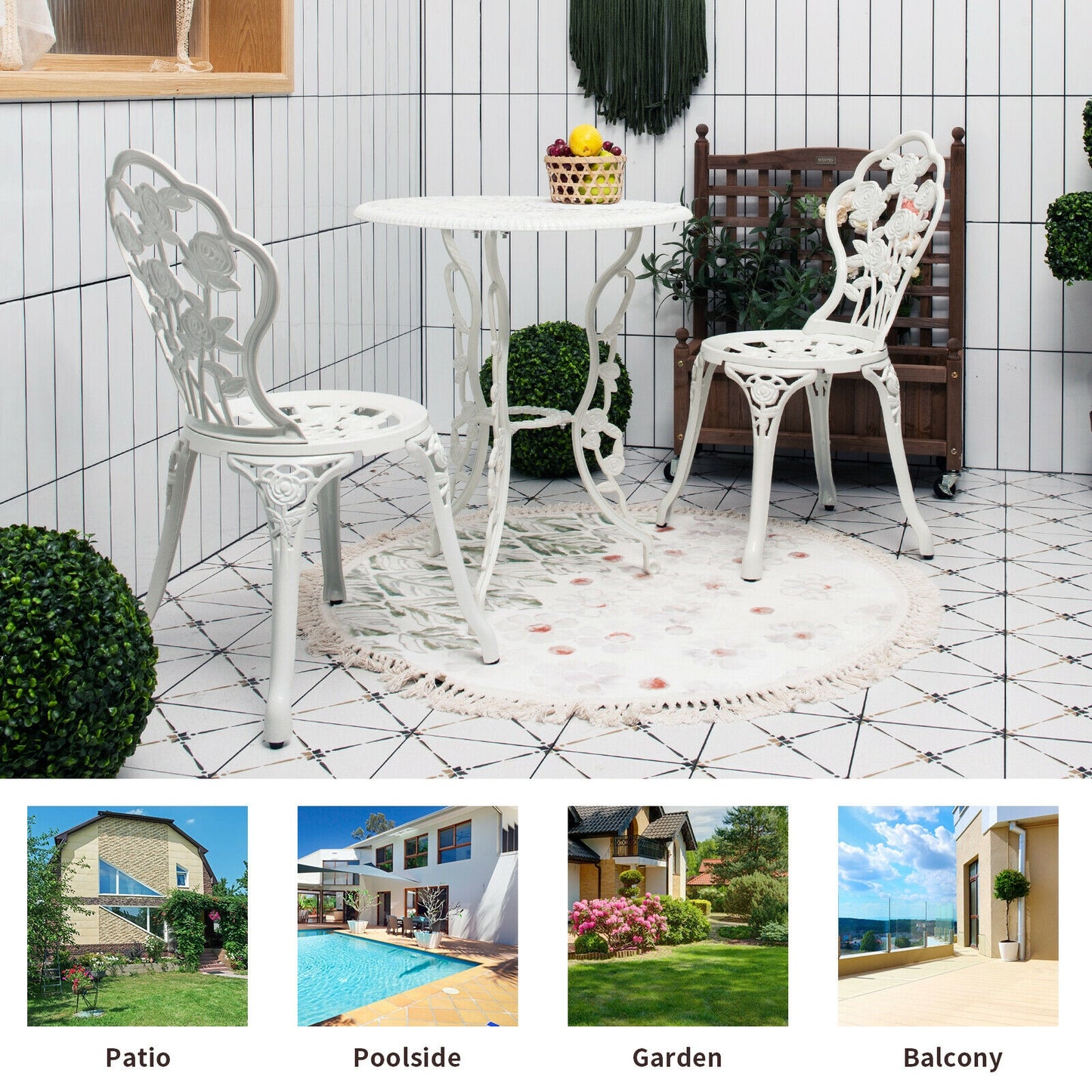 Outdoor Cast Aluminum Patio Furniture Set with Rose Design-White (Fully Assembled)