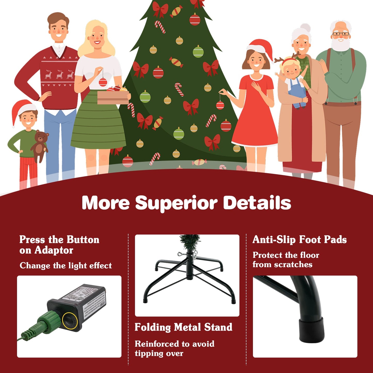 Pre-lit 6 ft Christmas Tree with 280 Warm White LED Lights and 8 Lighting Modes, assembled, final sale