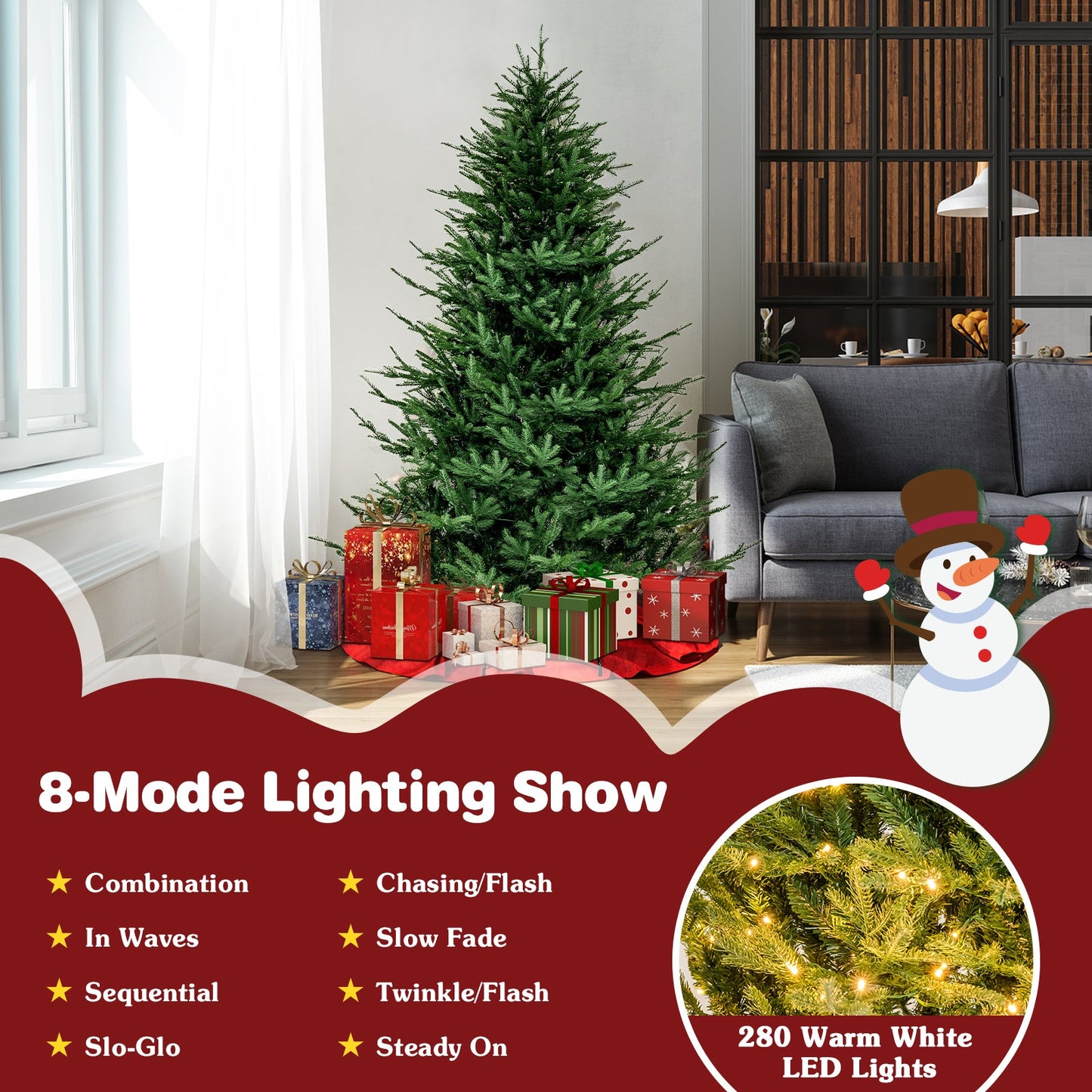Pre-lit 6 ft Christmas Tree with 280 Warm White LED Lights and 8 Lighting Modes, assembled, final sale