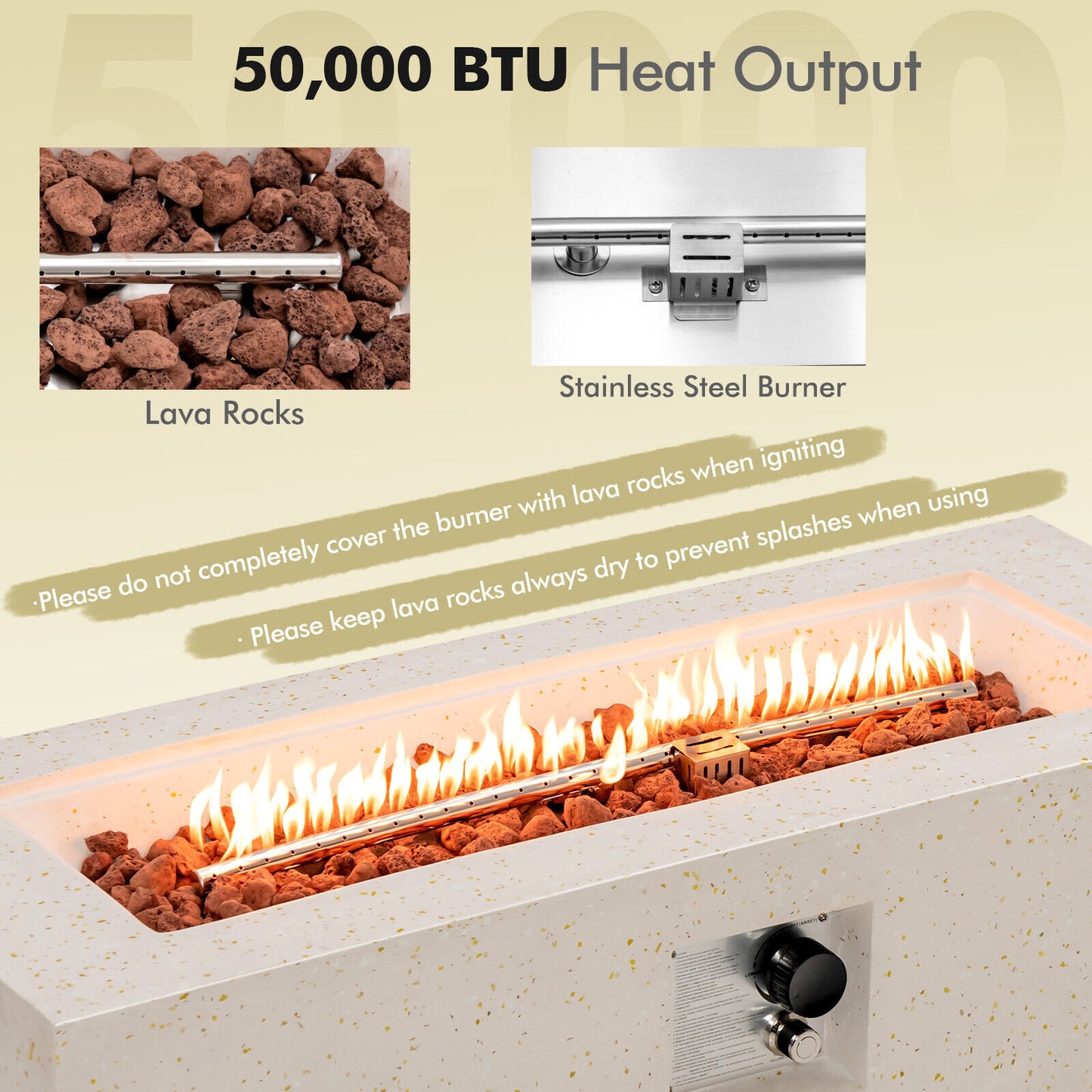 Special, 42 Inch 50 000 BTU Rectangle Terrazzo Fire Pit Table -White (Damaged in Shiping)