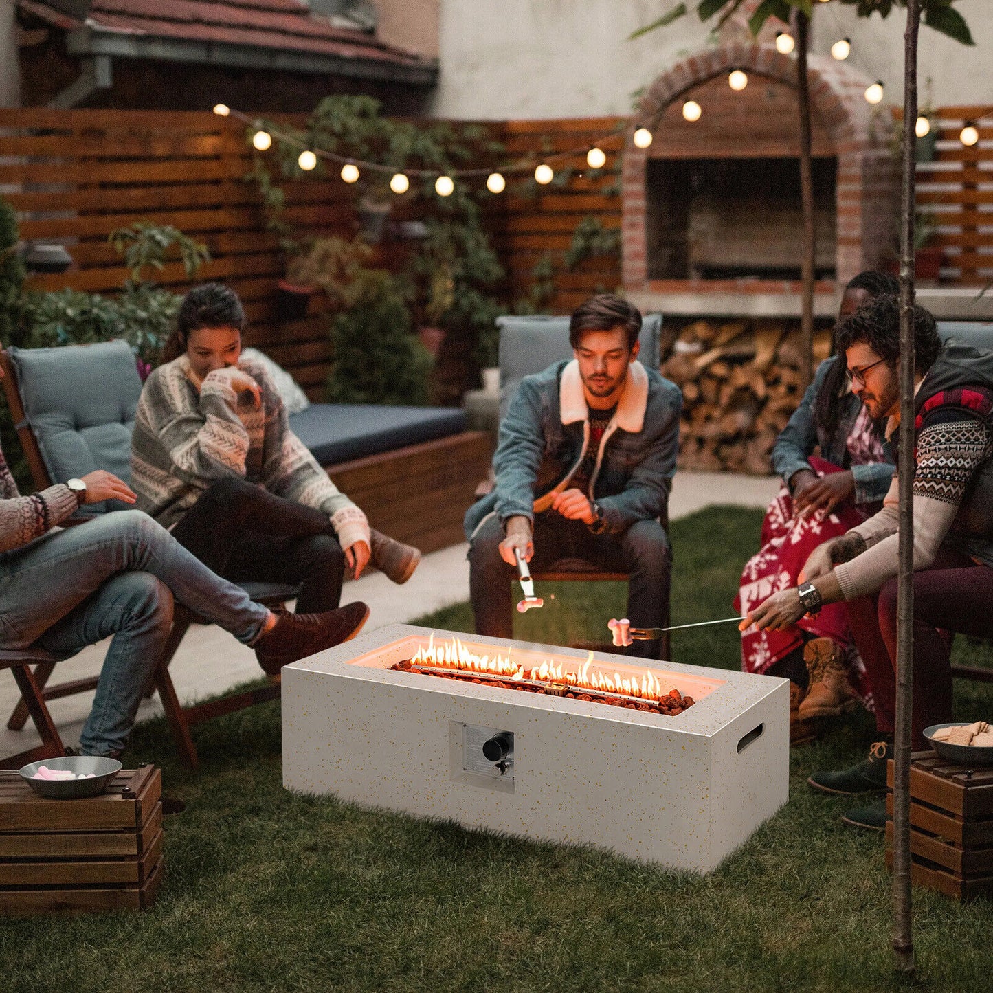 Special, 42 Inch 50 000 BTU Rectangle Terrazzo Fire Pit Table -White (Damaged in Shiping)