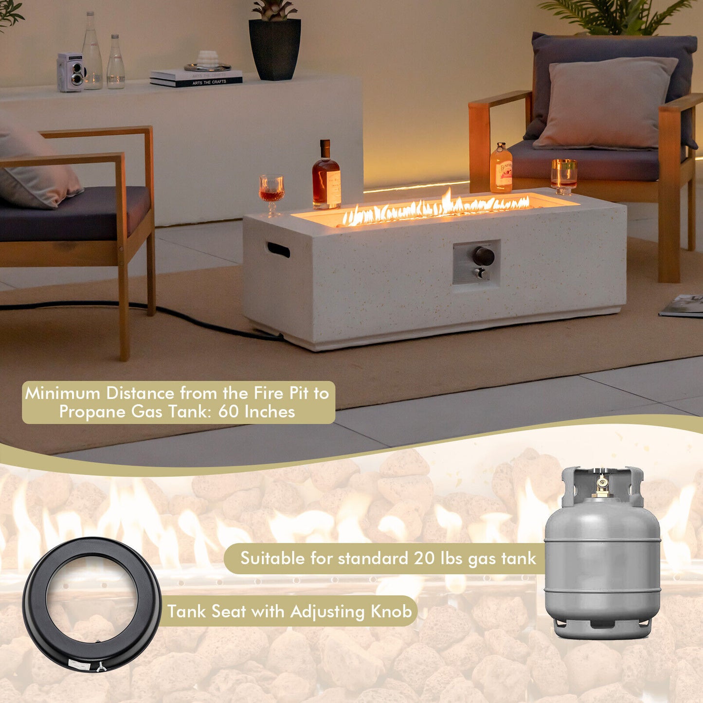 Special, 42 Inch 50 000 BTU Rectangle Terrazzo Fire Pit Table -White (Damaged in Shiping)