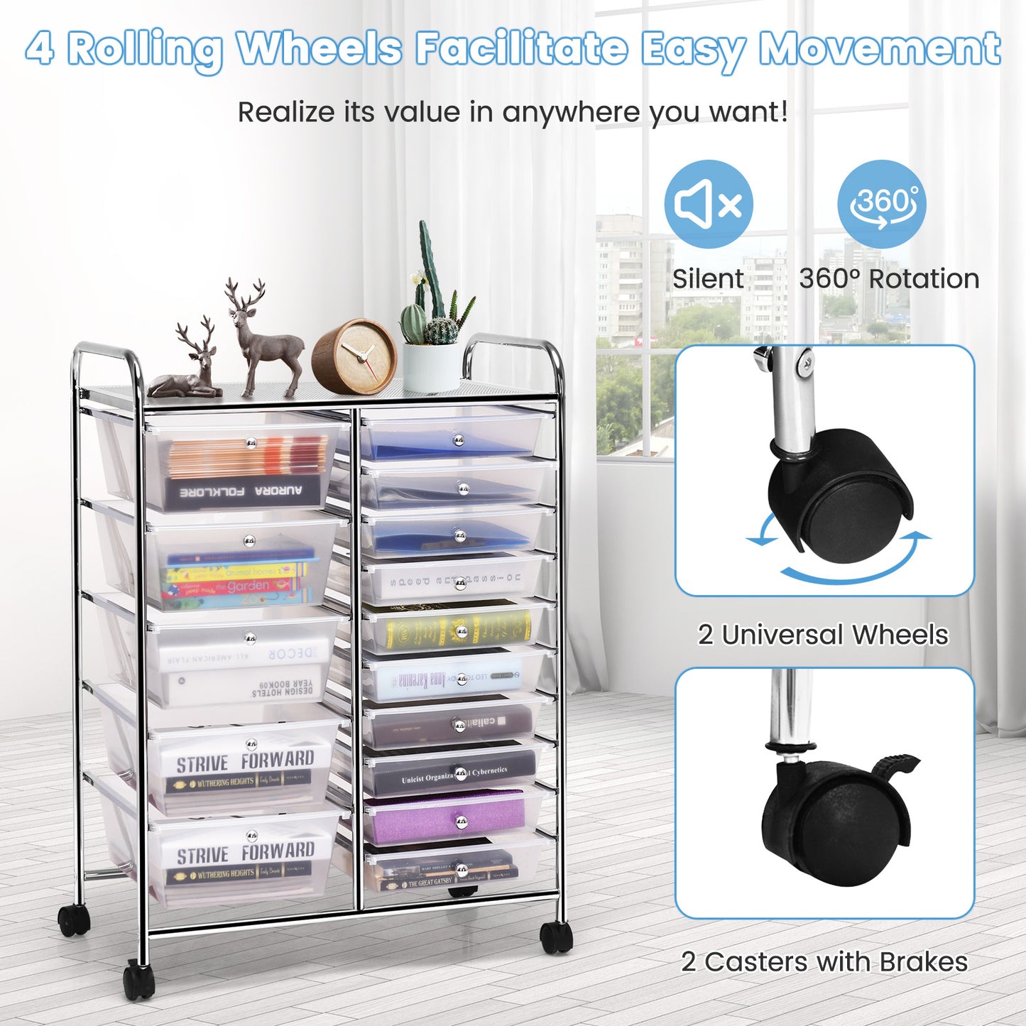 15-Drawer Utility Rolling Organizer Cart Multi-Use Storage-Clear (Fully Assembled)