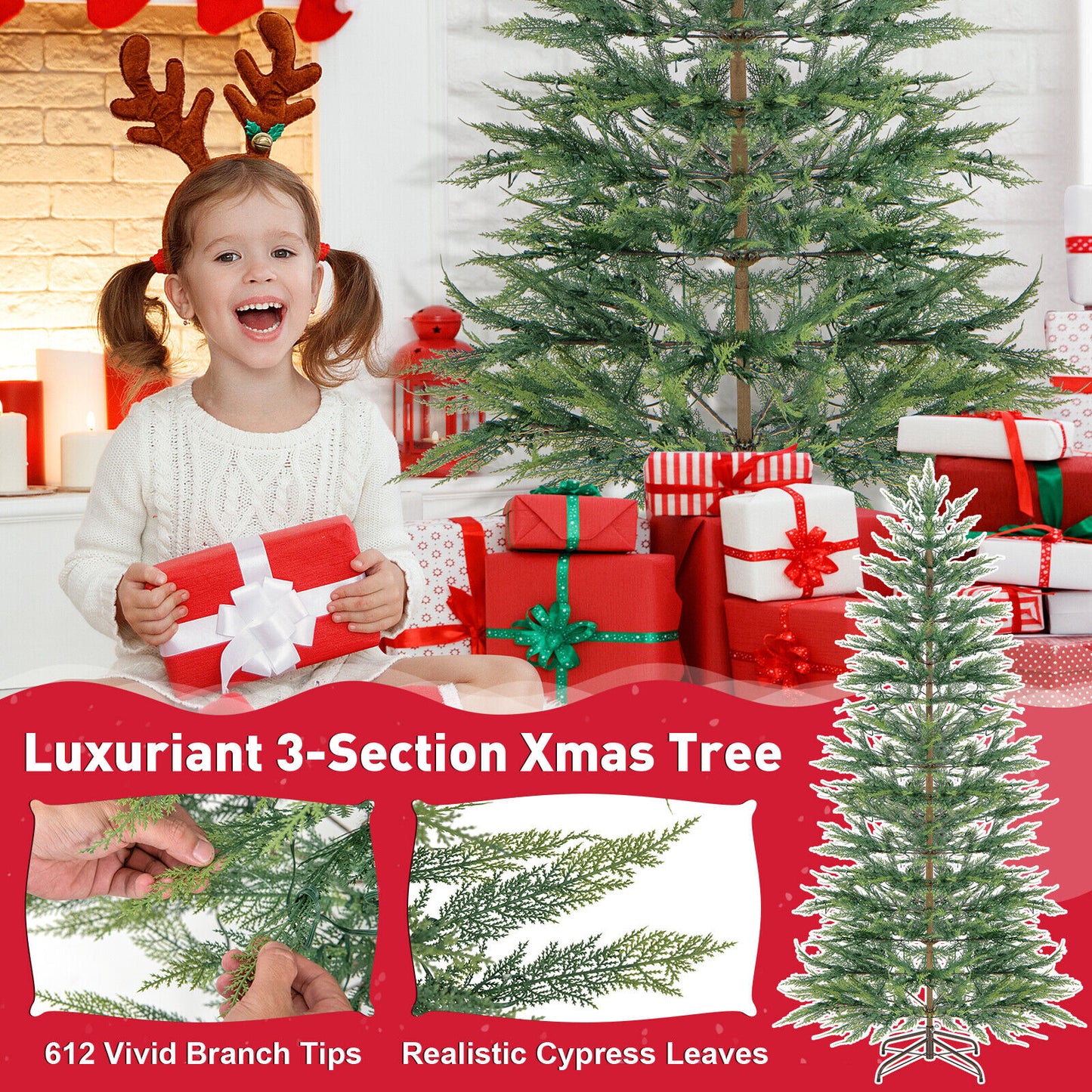 7.5 Feet Artificial Cypress Christmas Tree Pre-lit Hinged-7.5 ft, Fully Assembled