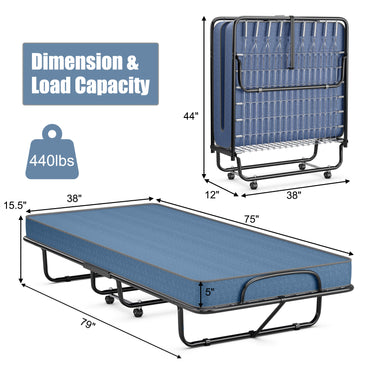 Twin, Rollaway Guest Bed, 4`` Memory Foam Mattress, 440lb weight capacity