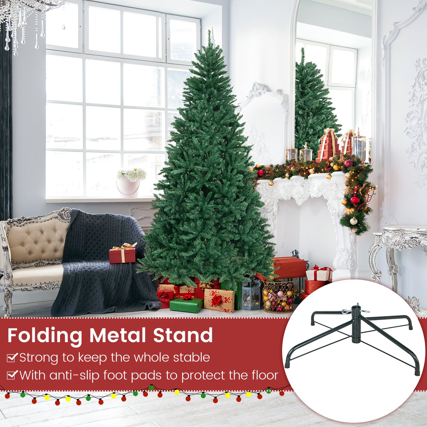 7.5 Feet Artificial Christmas Tree with Folding Metal Stand, ASSEMBLED