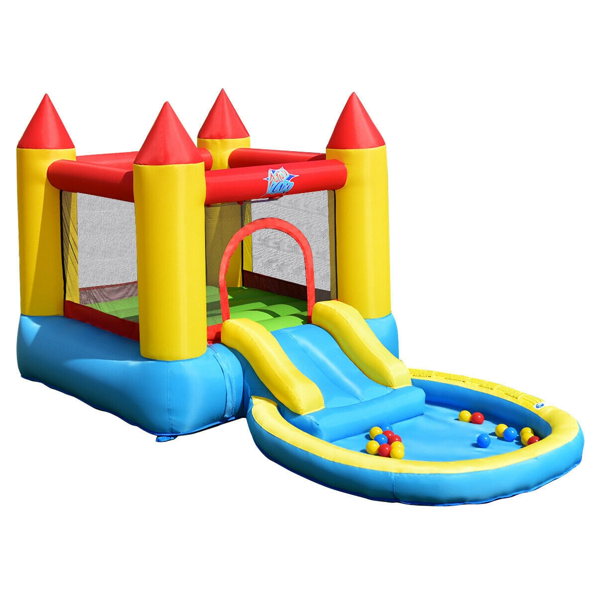 SPECIAL, Inflatable Kids Slide Bounce House with 580w Blower, 1 box,CLEAN/TESTED/ CUSTOMER RETURN, balls and ground pegs missing