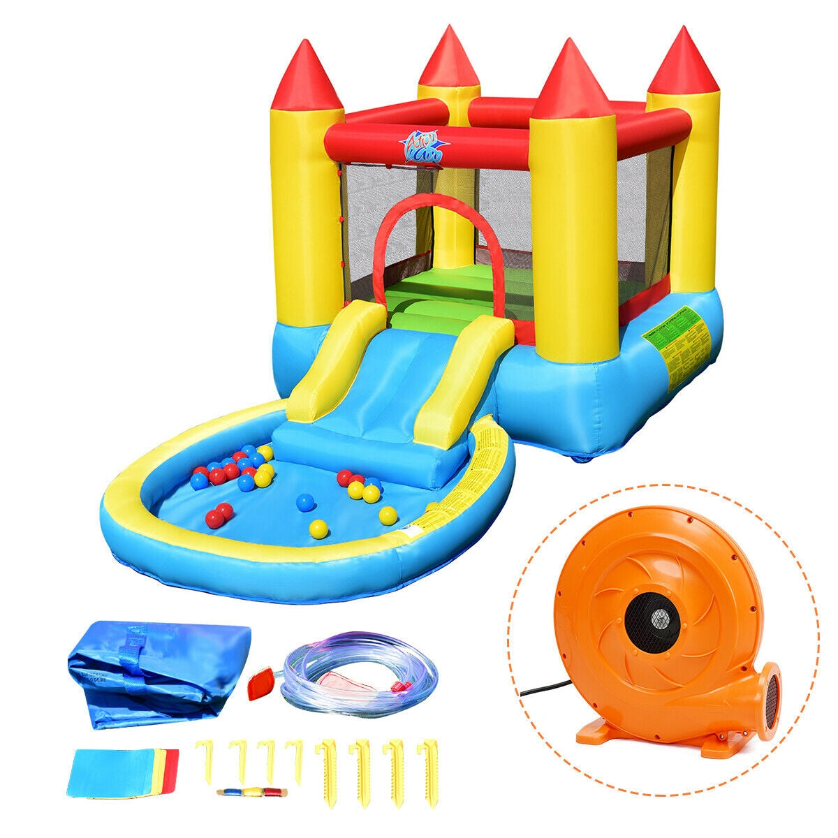 SPECIAL, Inflatable Kids Slide Bounce House with 580w Blower, 1 box,CLEAN/TESTED/ CUSTOMER RETURN, balls and ground pegs missing