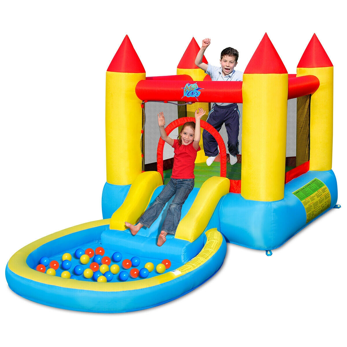 SPECIAL, Inflatable Kids Slide Bounce House with 580w Blower, 1 box,CLEAN/TESTED/ CUSTOMER RETURN, balls and ground pegs missing