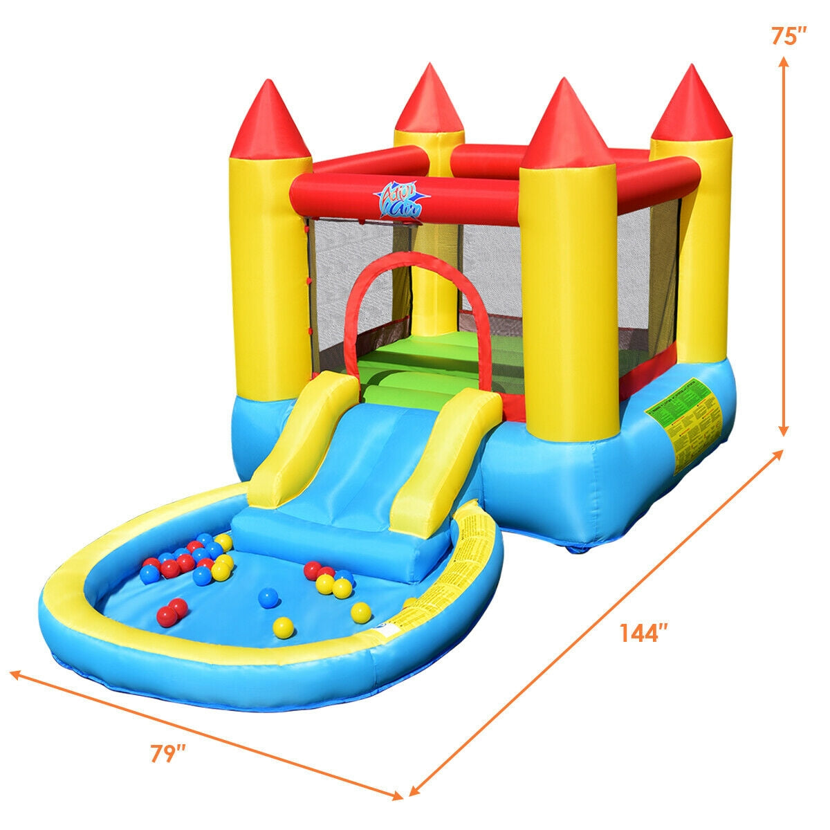 SPECIAL, Inflatable Kids Slide Bounce House with 580w Blower, 1 box,CLEAN/TESTED/ CUSTOMER RETURN, balls and ground pegs missing