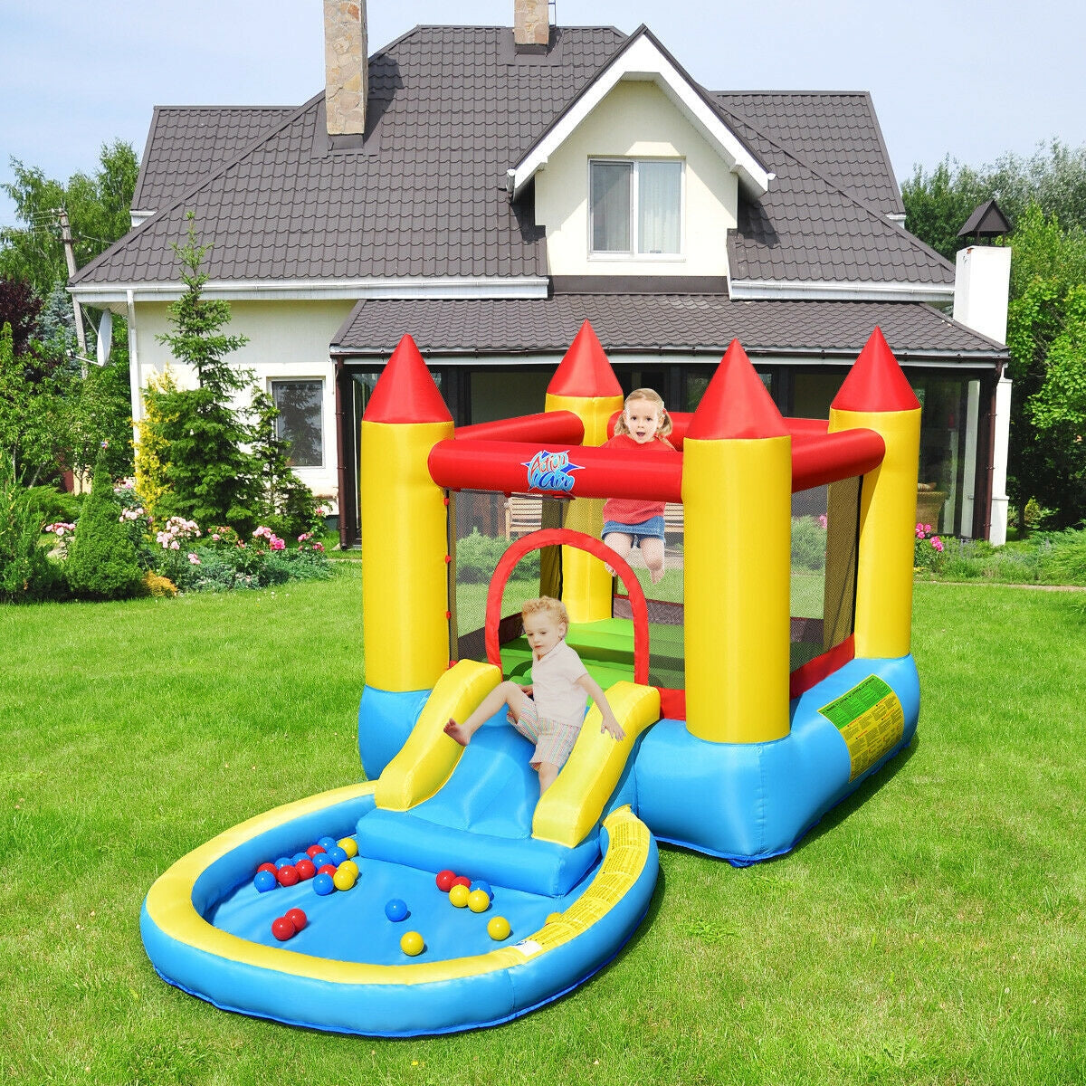 SPECIAL, Inflatable Kids Slide Bounce House with 580w Blower, 1 box,CLEAN/TESTED/ CUSTOMER RETURN, balls and ground pegs missing