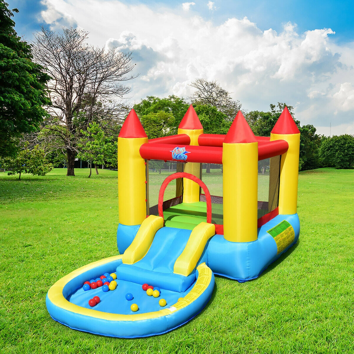 SPECIAL, Inflatable Kids Slide Bounce House with 580w Blower, 1 box,CLEAN/TESTED/ CUSTOMER RETURN, balls and ground pegs missing
