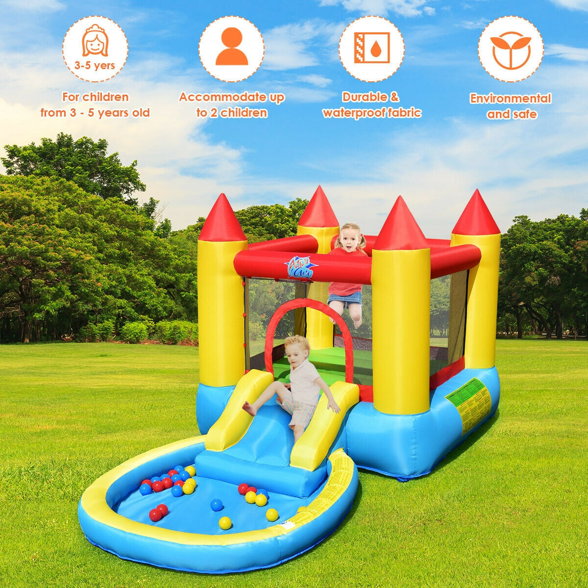 SPECIAL, Inflatable Kids Slide Bounce House with 580w Blower, 1 box,CLEAN/TESTED/ CUSTOMER RETURN, balls and ground pegs missing