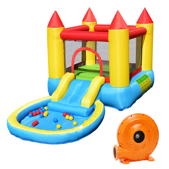 SPECIAL, Inflatable Kids Slide Bounce House with 580w Blower, 1 box,CLEAN/TESTED/ CUSTOMER RETURN, balls and ground pegs missing