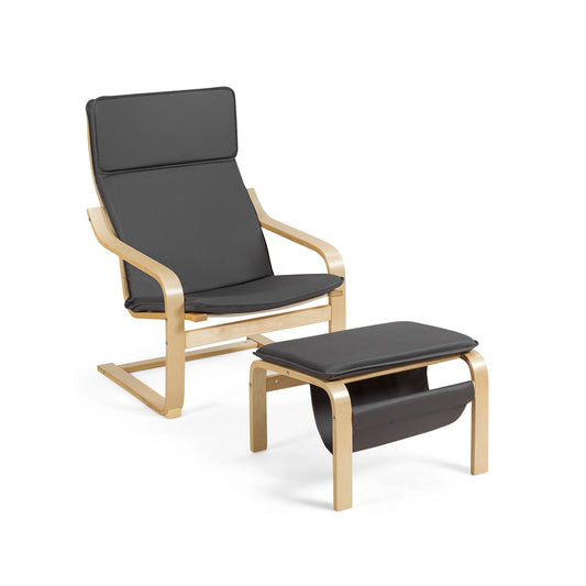 2 Piece Set, Relax Bentwood Lounge Chair  Set with Magazine Rack-Gray, Fully Assembled