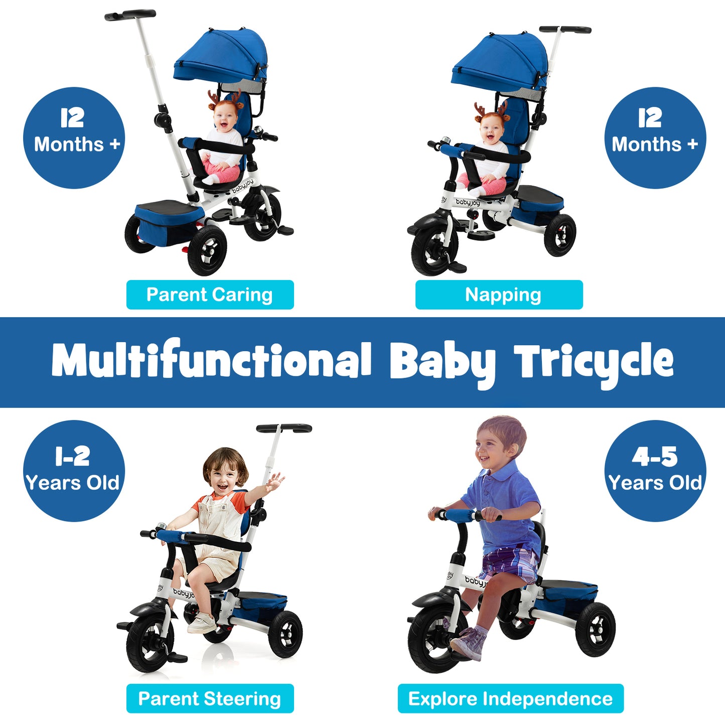 Folding Tricycle Baby Stroller with Reversible Seat and Adjustable Canopy-Blue
